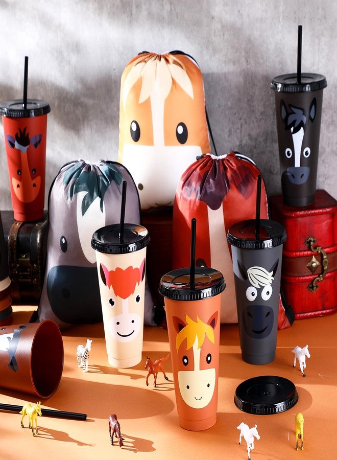 Mifoci 24 Pcs Horse Party Favors Supplies 12 Plastic Cups with Lids and Straws and 12 Drawstring Backpack 24oz Reusable Tumble Water Bottles Bag for Horse Themed Party Decorations - Image 5